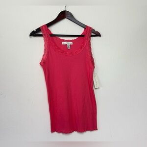 French Laundry Women’s Y2K Lace Trim Cami Pink Large Preppy 90’s Ribbed Layering